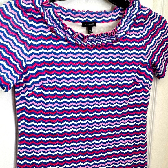 TALBOTS JERSEY KNIT RUFFLED NECK DRESS. PINK & PURPLE ZIG ZAG STRIPES. LIKE NEW - Picture 6 of 10